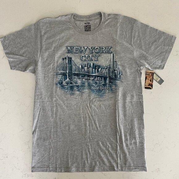 Hard Rock Limited Edition New York Mens Cityscape SS Crew Nk TShirt Gry Blue L - Picture 1 of 9